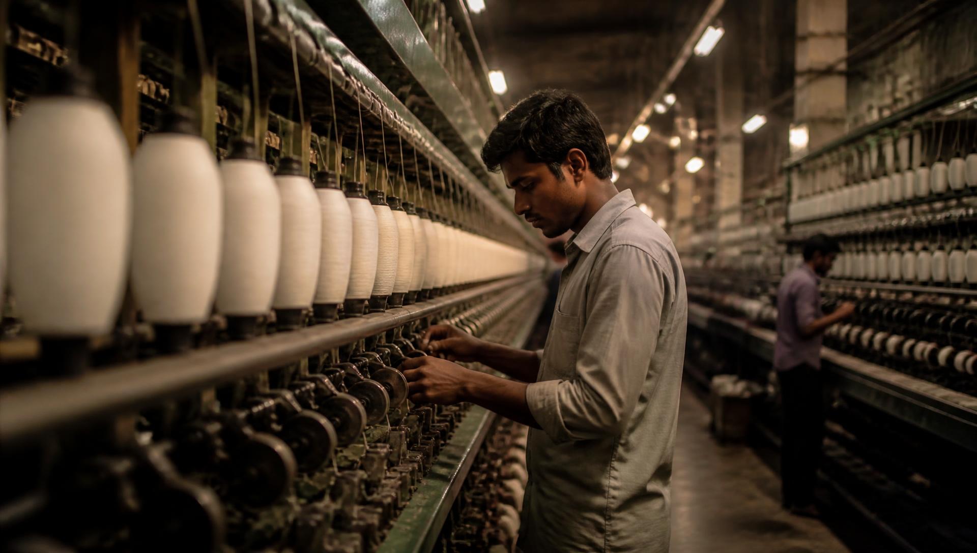 Modern textile spinning mill with rows of yarn bobbins