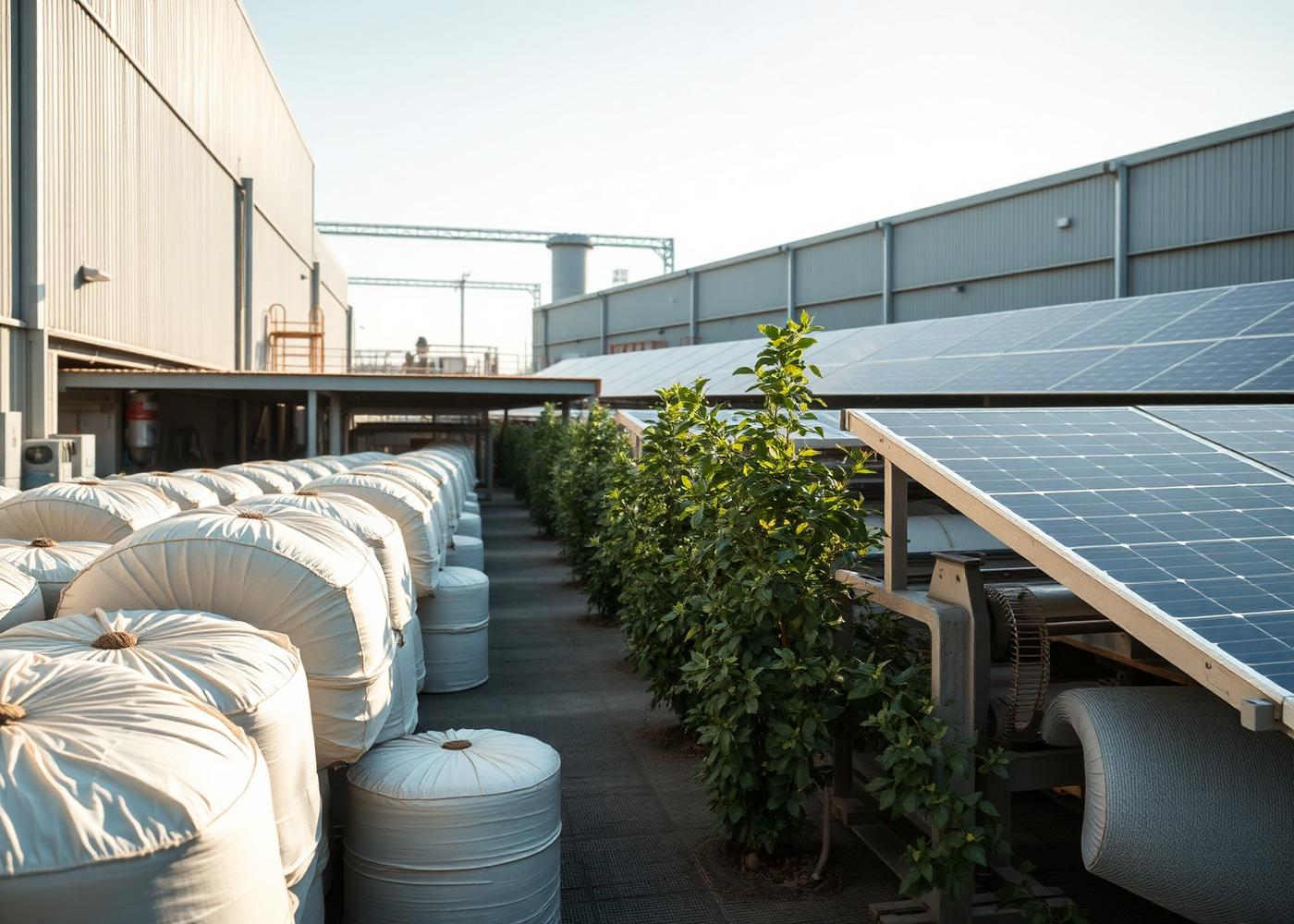 Solar panels and cotton bales beside a sustainable textile plant